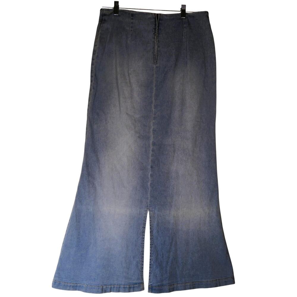 Vintage Jean Shout Skirt Womens M Blue Denim Lace Up Maxi Front Slit Boho Hippie - Picture 5 of 12